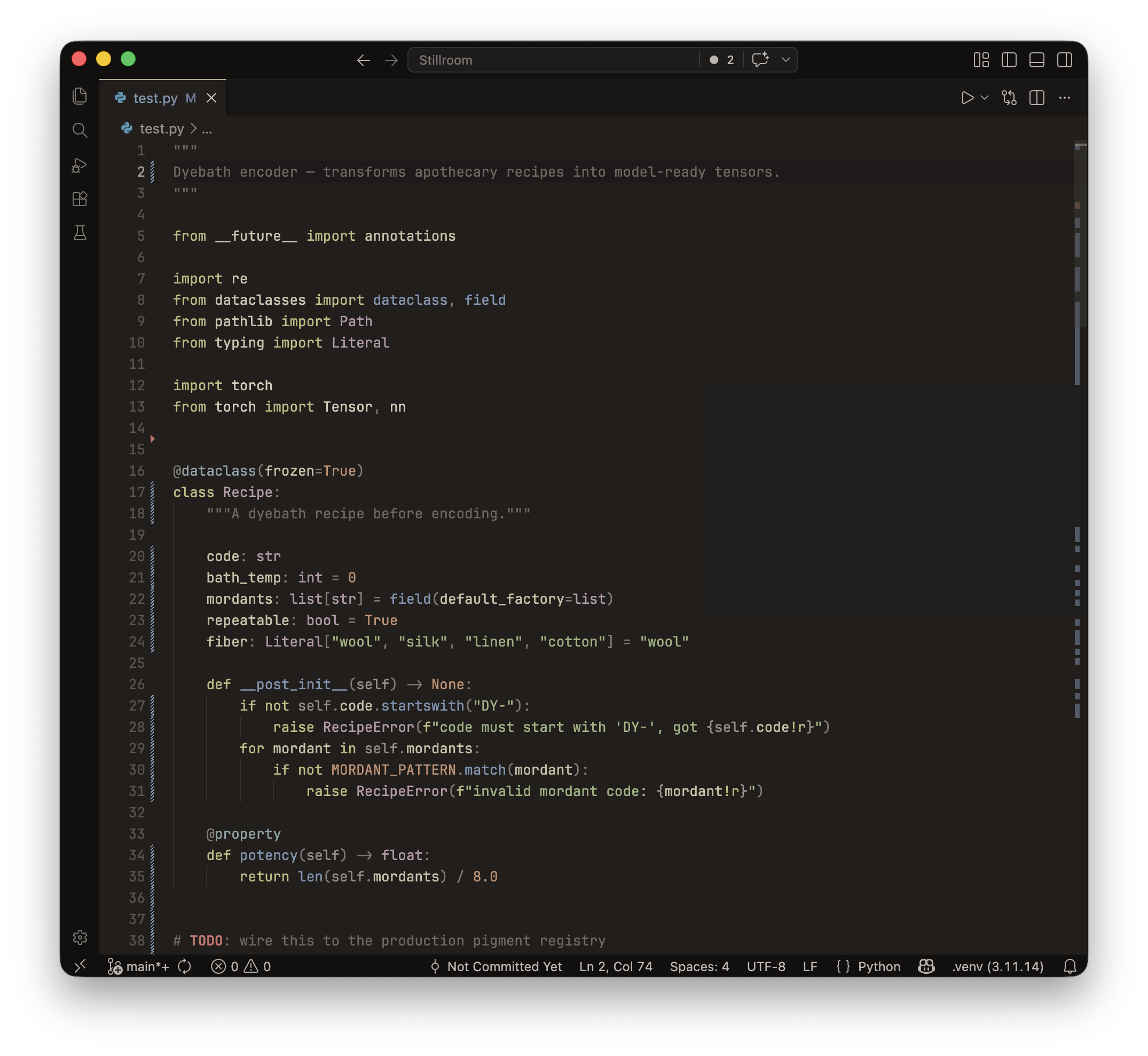 Stillroom theme in VS Code — test.py dyebath encoder